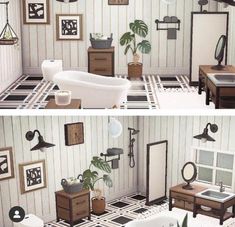 two pictures of a bathroom with black and white tile flooring, one has a bathtub and the other has a sink