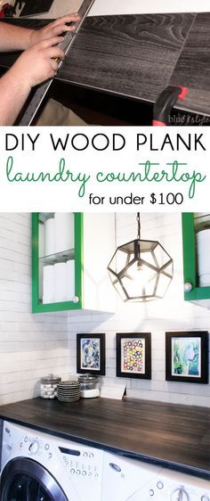 a woman is using a wood plank laundry countertop for under $ 100