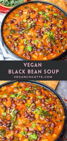 vegan black bean soup with carrots and cilantro in a large bowl