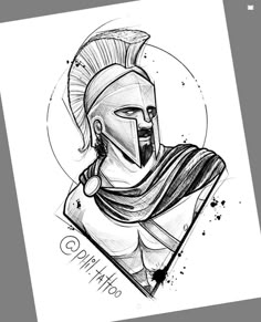 a black and white drawing of a roman soldier