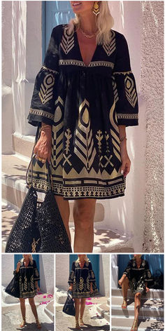 Casual Geometric Print V Neck A Line Dresses Black V-neck Boho Dress With Boho Print, Black V-neck Boho Dress With Print, Rayon Boho Print V-neck Dress, Black Boho Print V-neck Dress, Bohemian V-neck Maxi Dress With Abstract Print, Maxi Dresses Fall, Fall Winter Dresses, Long Blouse, Mini Dress Party