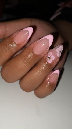 Spring Nails 3d Flowers, Baby Pink Almond French Tip, Pink Quince Nails Almond, Almond Ombre Nails Designs, Short Nails Ideas Oval, Almond 3d Flower Nails, Short Classy Nails Almond, Short Baddie Almond Nails, French Tip With 3d Flower Design