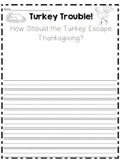 turkey trouble worksheet with the words, how should the turkey escape thanksgiving?