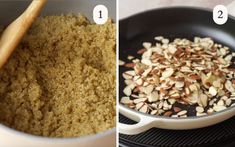 two pictures showing how to make almond crumbs in a skillet