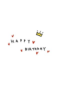 the words happy birthday written in black and red on a white background with small hearts