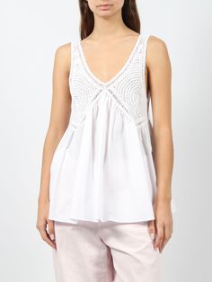 P. A. R. O. S. H cotton poplin and embroidered crochet top. - SS24 - Regular fit - V-neck - Sleeveless - Made in Italy - 100% Cotton Embroidered Crochet, Chloe Purses, Crochet Embroidery, Zimmermann Dress, Embroidery Top, Pleats Please Issey Miyake, Full Look, Yoga Wear, Cotton Poplin