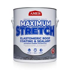 a white paint can with the words maximum stretch in blue and red lettering on it