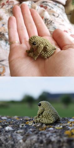 there is a small stuffed animal in the palm of someone's hand and another photo of a tiny toy turtle