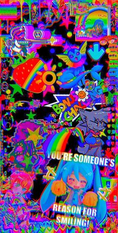 an art work with different colored images and words on the front, including rainbows