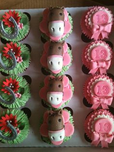 cupcakes in the shape of farm animals and flowers