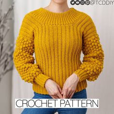 a woman wearing a yellow knitted sweater with the words crochet pattern on it