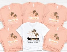 six personalized t - shirts with palm trees and the names of different locations on them