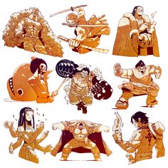 several images of the same character in different poses, including one with swords and two without