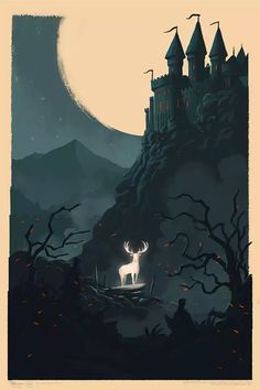 a deer standing in front of a castle on top of a hill under a full moon