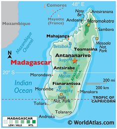 a map of madagascar with the capital and major cities on it's borders,