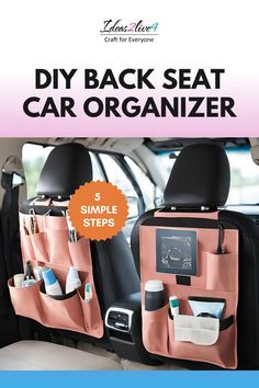 the back seat car organizer is shown in pink