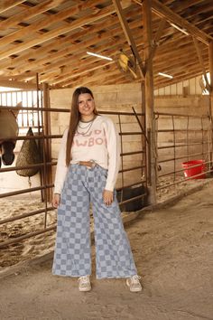 HOW CUTE!? This sweater just screams horse girl vibes! S/M fits 2-6 M/L fits 8-12 Playful Sweatshirt For Fall Loungewear, Cotton Bottoms For Rodeo In Fall, Playful Fall Loungewear Sweatshirt, Casual Tops For Coming Home Outfit In Fall, Cowboy Sweater, Liberty Black Boots, Horse Sweater, Denim Bows, Tasha Polizzi