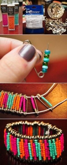 four pictures showing different types of bracelets with beads on them, and the instructions for how to make one