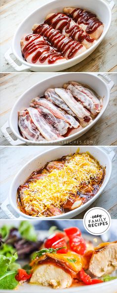 three different pictures of food in white dishes