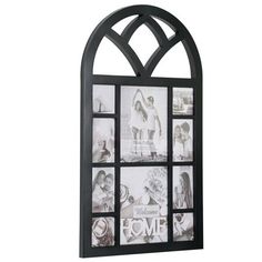 a black and white window frame with pictures on it