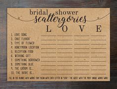 the bridal shower scatterer love game is shown on top of a wooden table