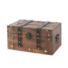 an old wooden chest with metal handles and latches on the sides, isolated against a white background