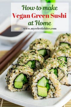 sushi rolls with cucumber and sesame seeds on a plate next to chopsticks