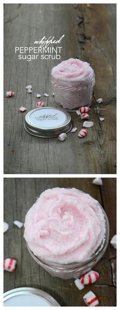 two pictures showing the process for making peppermint sugar scrub with candy canes