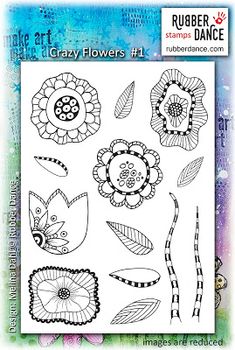 rubber art stamps featuring flowers and leaves on a blue background with the words, crazy flowers 1