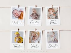 six baby pictures hanging on clothes pins with the names of five different babies in them