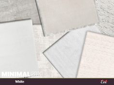 four different shades of white fabric with text overlaying the image in red, white, and grey