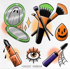 an assortment of halloween themed items on a white background