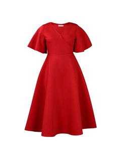 onecozyday V Neck Midi Dress, Flared Sleeves, Midi Dress, Solid Color, V Neck, High Waisted, Dresses, Color