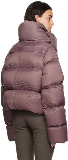 Lightweight down-filled GRS-certified recycled nylon satin jacket. · Press-stud fastening at funnel neck · Zip closure · Welt pockets · Cropped hem · Inset rib knit wool cuffs · Webbing strap at back yoke · Fully lined Supplier color: Amethyst Fill: 90% down, 10% feathers. Winter Polyamide Outerwear With Padded Collar, Winter Outerwear With Padded Collar In Polyamide, Winter Nylon Puffer Jacket With Ribbed Cuffs, Winter Outerwear With Ribbed Cuffs And Duck Down, Winter Puffer Outerwear In Polyamide, Winter Polyamide Puffer Outerwear, Winter Puffer Outerwear Made Of Polyamide, Satin Jacket, Webbing Strap