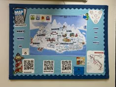 a map is hanging on the wall with qr - code stickers around it