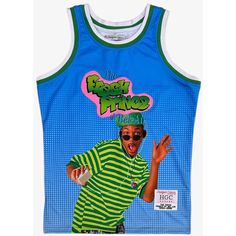 * The Fresh Prince Of Bell Air Men's Basketball Jersey * High Quality Material And Craftsmanship * Embroidered Name And Number In Premium Tackle Twill * Handmade * Cut And Sewn With Superior Material * Fits True To Size * 100% Polyester * Officially Licensed * Imported * Mpn Hgc067-Bbj-57 * Msrp $100 Blue Printed Tops For Streetwear, Blue Hip Hop Sports Top, Blue Hip Hop Tops For Sports, Summer Throwback Tops With Graphic Print, Throwback Sleeveless Top For Streetwear, Throwback Sleeveless Streetwear Top, Cotton Printed Tops For Sports Events, Throwback Blue Sports Tops, Throwback Green Tops For Sports Events