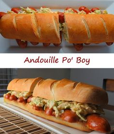 there are two hot dogs in buns with toppings on the top and bottom