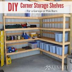 the garage shelving is organized and ready to use