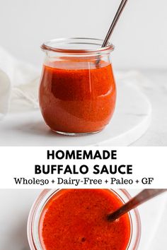 homemade buffalo sauce in a glass jar with a spoon