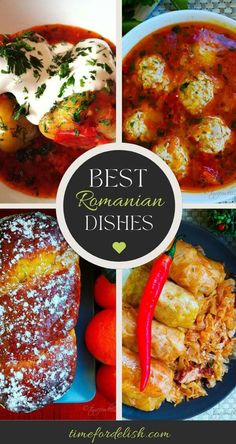 four different pictures with the words best romantic dishes on them and images of various foods