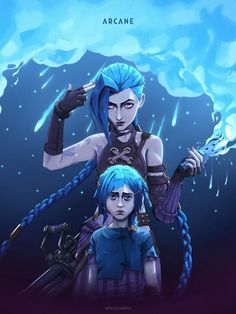 two people standing next to each other with blue hair