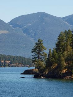 an island with trees and mountains in the background