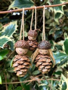 three little pine cones hanging from a tree