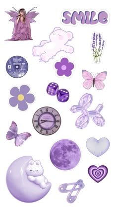 an assortment of purple and white items with the word smile written on top of them