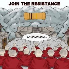 a group of monks sitting in front of a stage with a speech bubble saying join the resistance