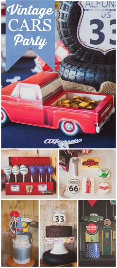 an old red car is on display in this collage with photos and text that says vintage cars party