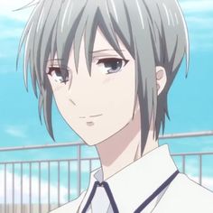 an anime character with grey hair and blue eyes looking at the camera, wearing a white shirt and tie