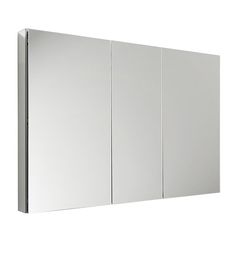 a white bathroom cabinet with three doors on the front and two mirrors on the back