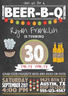 a chalkboard style birthday party poster with the words beer - b - o written on it