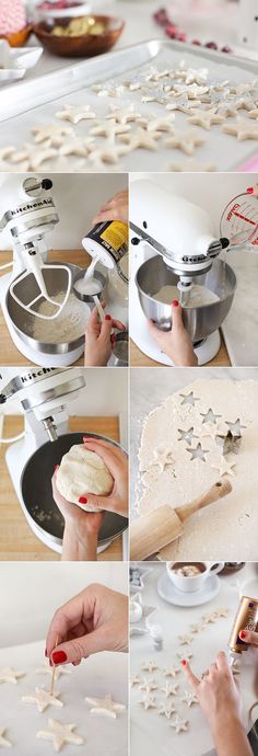 the process of making star shaped cookies is being made by someone using a hand mixer